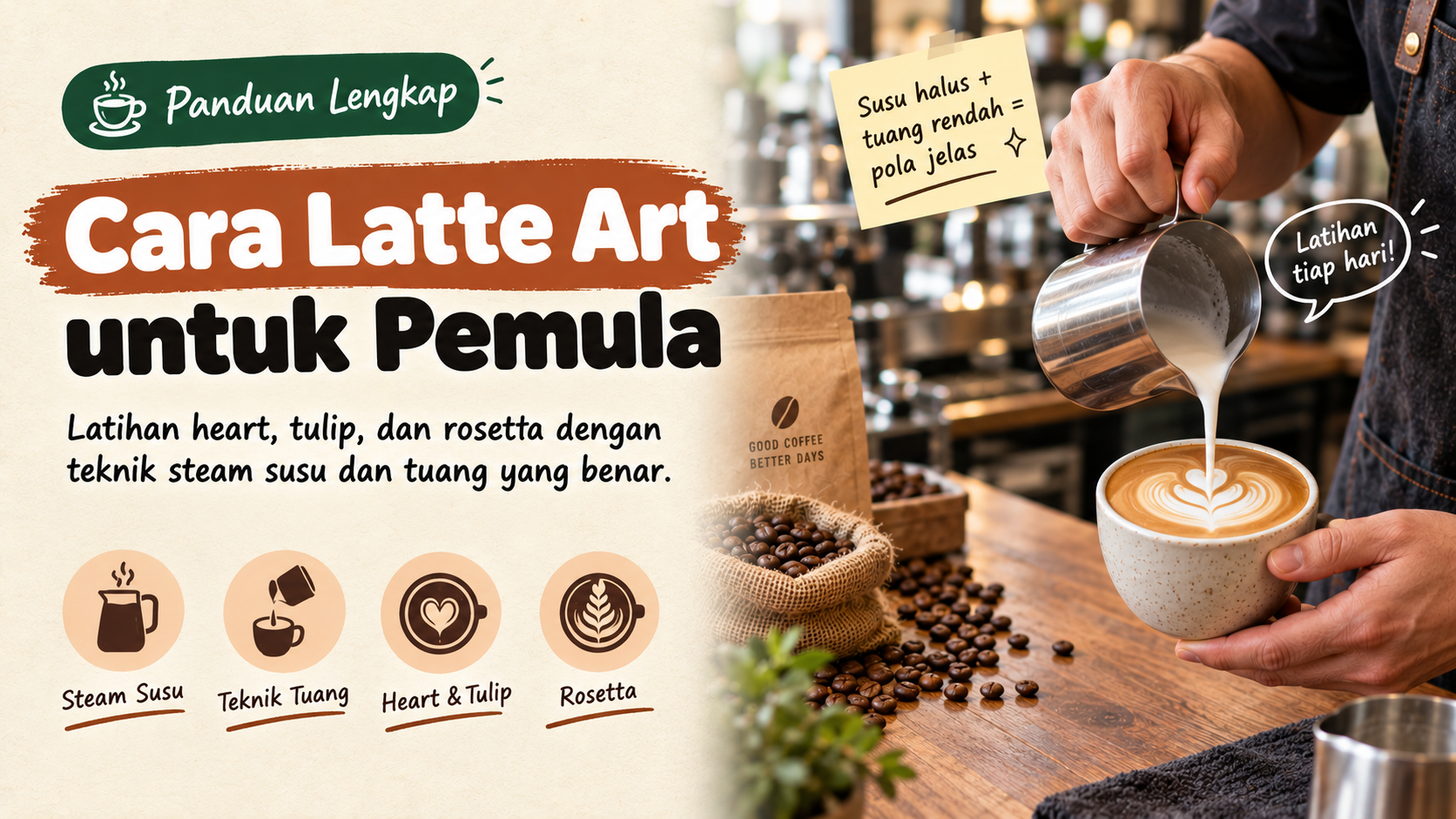 Cara Latte Art untuk Pemula: Heart, Tulip, Rosetta